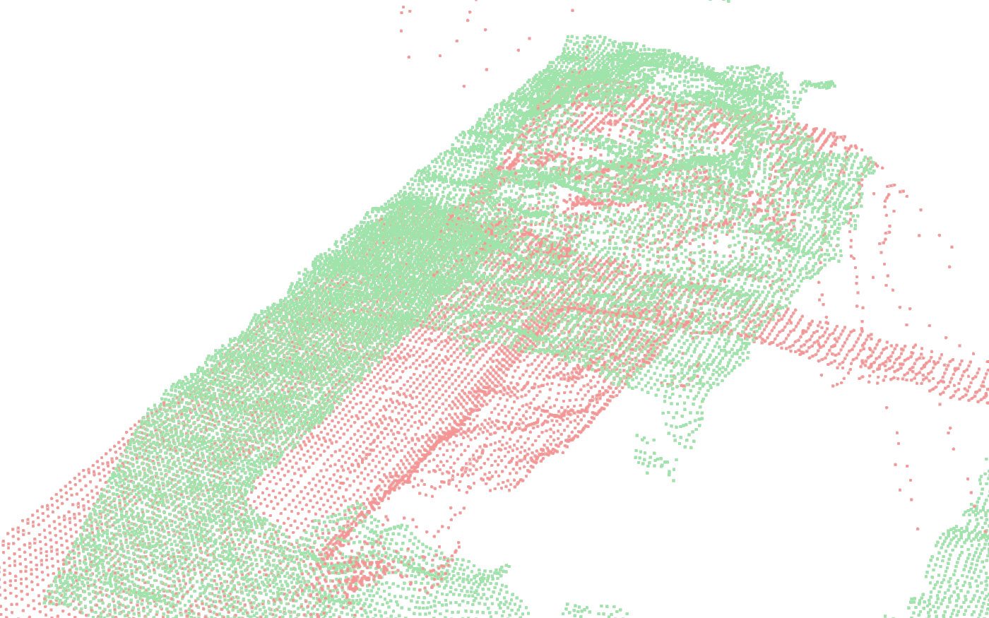 Co-registered point cloud of the petri-dish grasp scene: the D405 wrist camera (green) and the Kinect side-top camera (coral) landing on the same surfaces, with each camera's frustum drawn at its real pose.