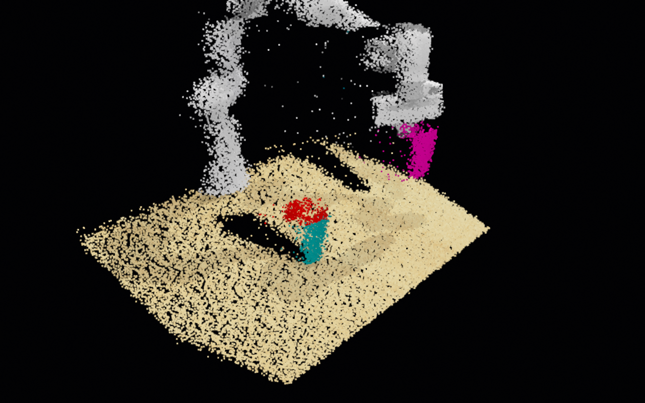 Corrupted point cloud of an RLBench stack-cups frame under mild noise: the tabletop and cups show edge drop-outs and a scatter of floating points where the depth model is unreliable.