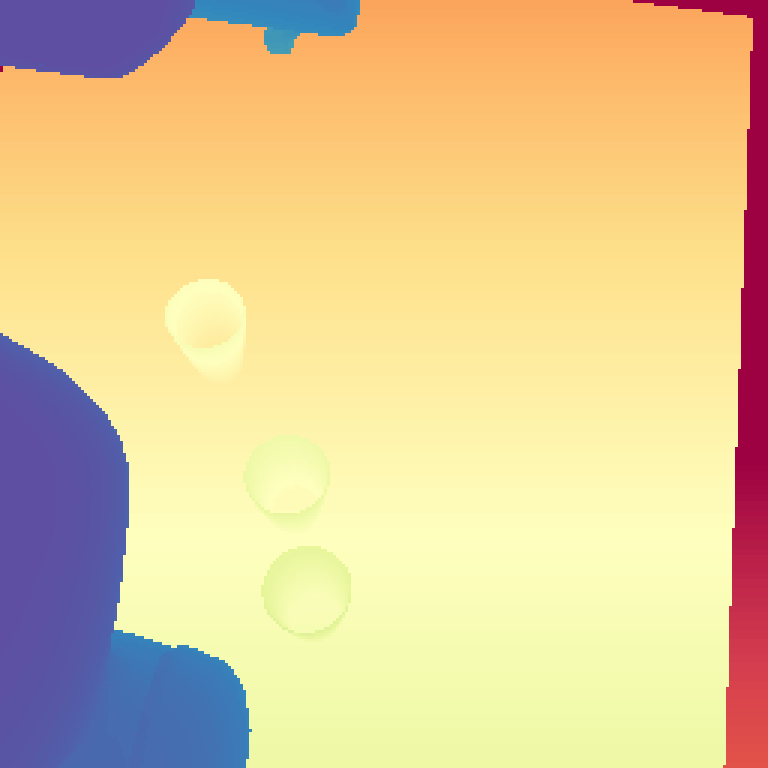 Clean simulated depth: a smooth gradient with a crisp robot-arm and object silhouette.