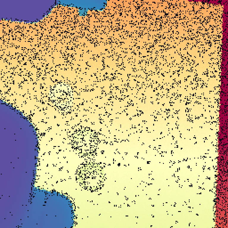 Mild 3-in-1 corruption: light dropout speckle, thin boundary bleed, and faint wrong-surface distortion together.