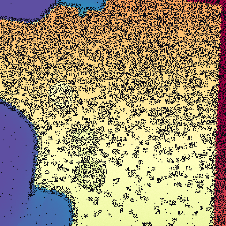 Moderate 3-in-1 corruption: more dropout speckle, boundary bleed, and wrong-surface distortion together.
