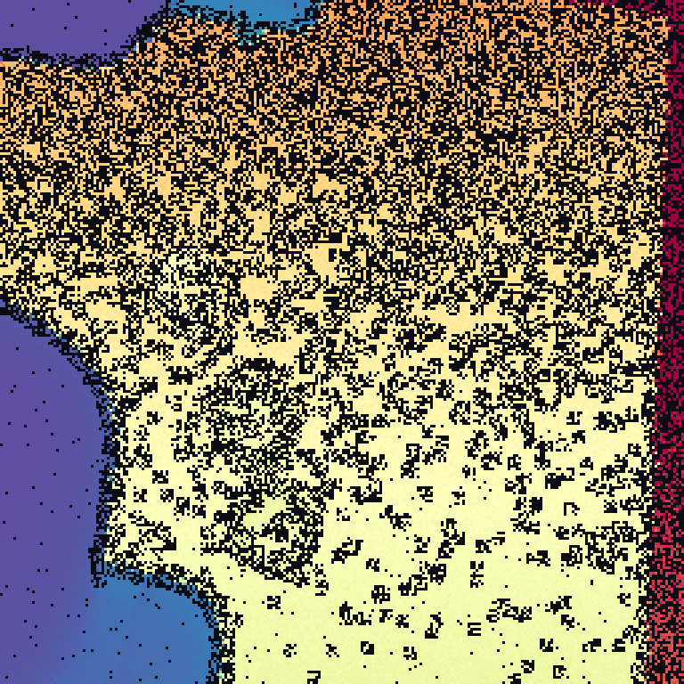 Saturated 3-in-1 corruption: dense dropout speckle, boundary bleed, and wrong-surface distortion across the frame.