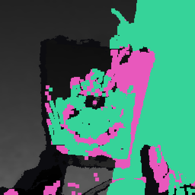 Agreement overlay: green where the warped Kinect depth matches the D405 actual depth within tolerance; magenta where they diverge.