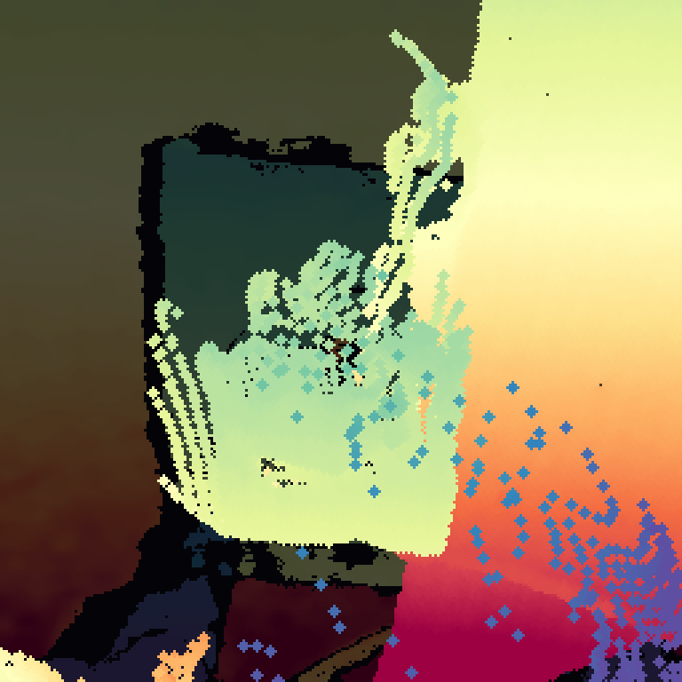 The Kinect side-top depth forward-warped into the D405 wrist frame, colorized.